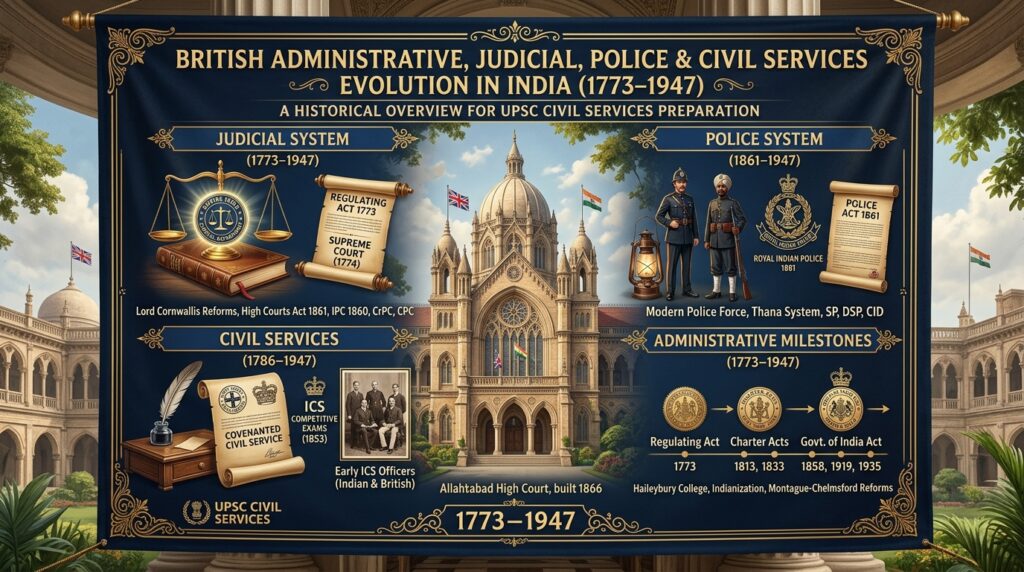 ब्रिटिश प्रशासनिक, न्यायिक, पुलिस एवं सिविल सेवाओं का विकास, कॉर्नवालिस कोड, 1861 पुलिस एक्ट, ICS का इतिहास