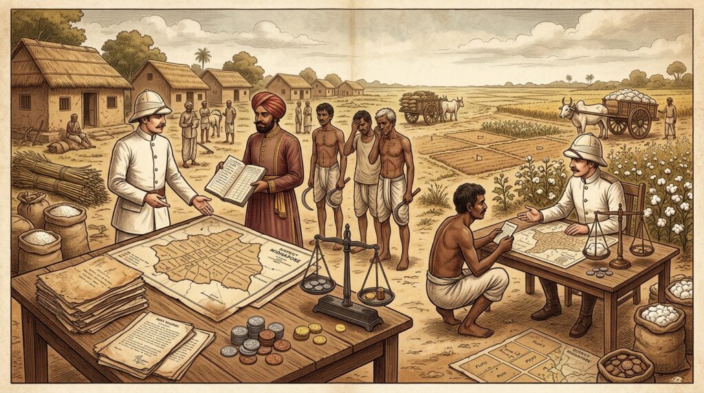 ब्रिटिश शासन का भारतीय अर्थव्यवस्था पर प्रभाव, स्थायी बंदोबस्त, रैयतवाड़ी, महालवाड़ी व्यवस्था एवं धन की निकासी