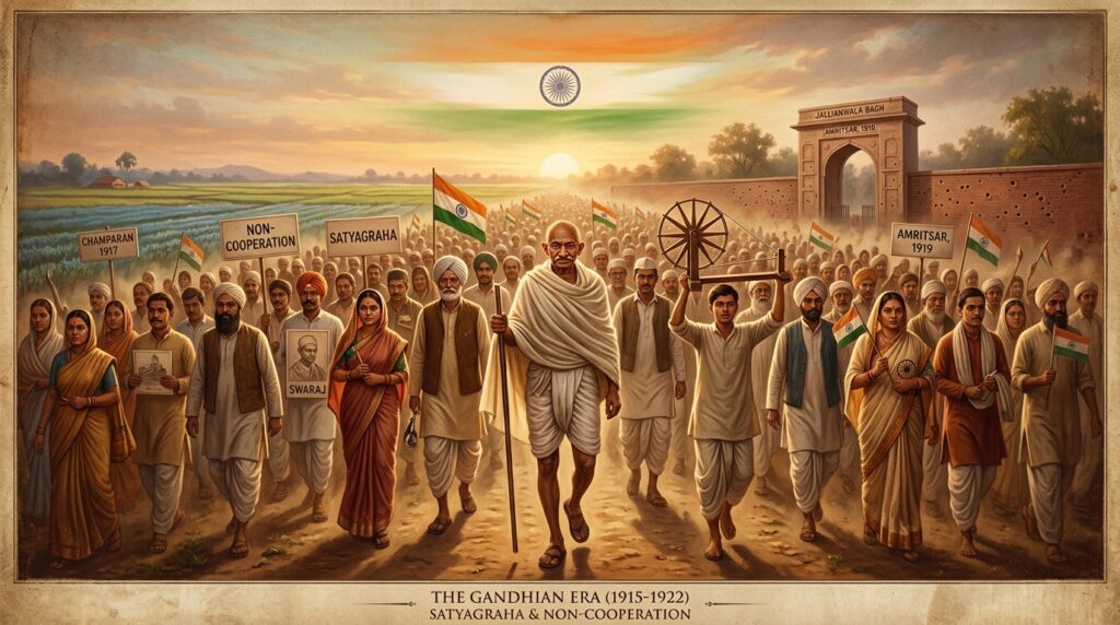 महात्मा गांधी का भारत आगमन, चंपारण सत्याग्रह, रॉलेट सत्याग्रह, जलियांवाला बाग नरसंहार, खिलाफत एवं असहयोग आंदोलन 1920-1922